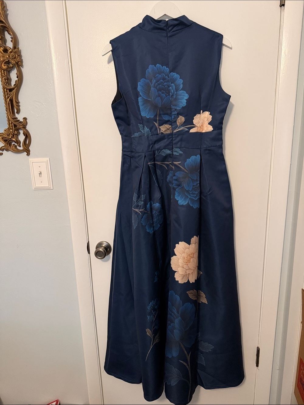 Navy Floral Satin Tie Waist Maxi Dress with Blue and Cream Peony Blooms - Picture 3 of 11